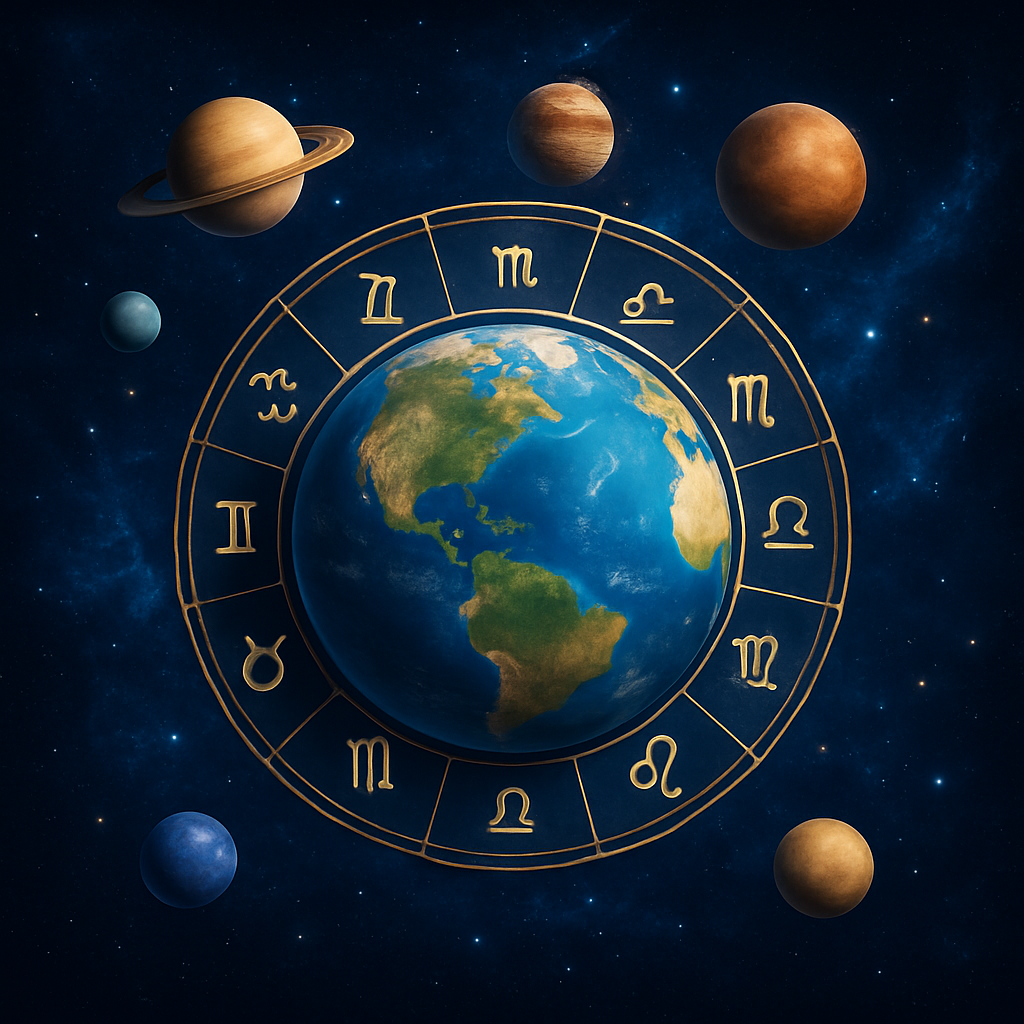 Weltkugel mit Sternzeichen und Planeten als Symbol für Solar Return Horoskop